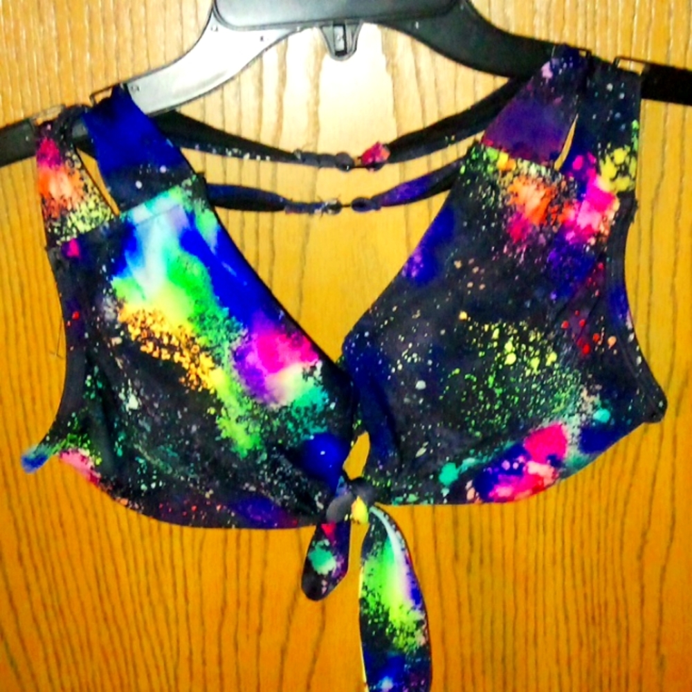 BLaCK/NeoN Tie-Dye print 2 piece w/ 2 clasp adjustable bikini 👙 top swim suit - Picture 5 of 8
